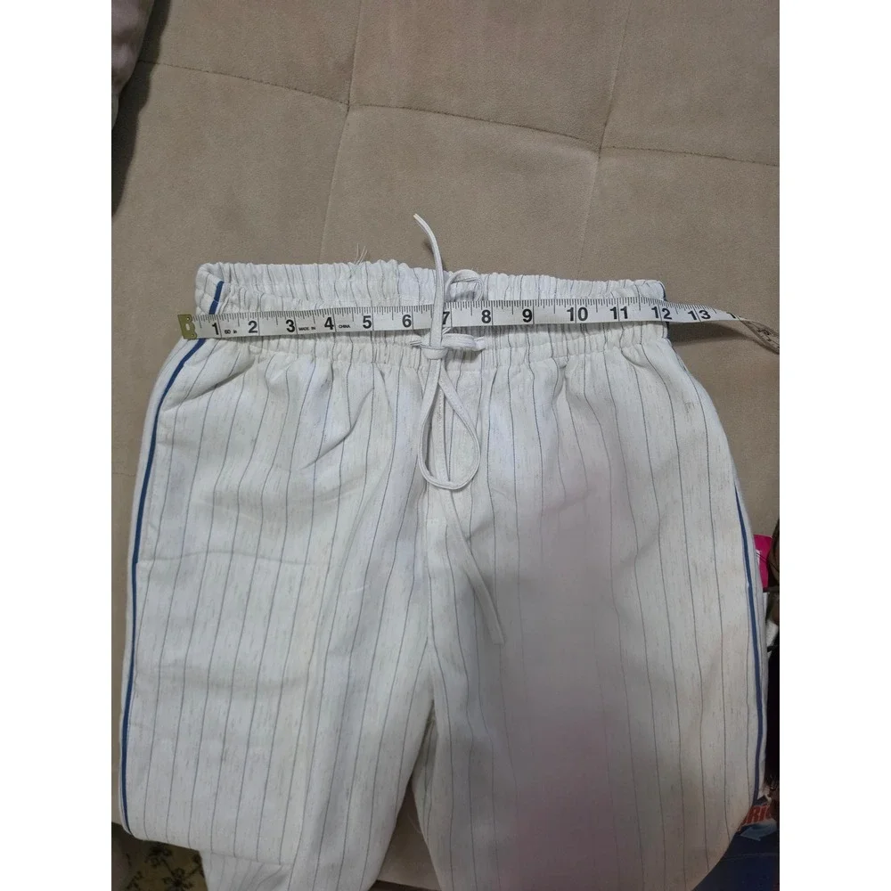 Divina Moda Womens Pinstripe Pant Suit Set Cream Blue Blazer Trousers Small